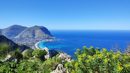 Monte Pellegrino, Palermo, Sicily, Italy. View of Mondello Beach from Monte Peregrino. Hiking, travel. Visit Sicily