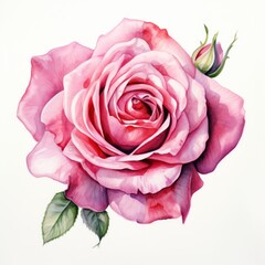 Pink light red watercolour rose flower top view illustration on white background. Floral blossom concept