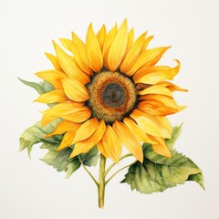 Yellow watercolour sunflower blossom illustration on white background. Floral petal concept