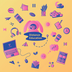 Set of vector objects related to distance learning in risograph print style. Distance learning. Girl with ears studying remotely. Risograph concept.