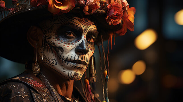 Mexican Day of the Dead. Man dressed as the skull Catrina, with a flower hat. Mexican tradition. Halloween.