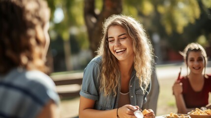 Smiling friends at the picnic Enjoying life's simple pleasures Group of Young Adults at a Summer Park Picnic daytime moment