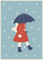 girl in a red coat hides under an umbrella from the rain