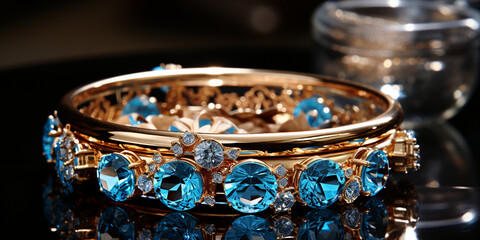 Fototapeta na wymiar Wunderschöner glänzender blauer Saphir Diamanten Ring in Gold als Hintergrund Motiv im Querformat für Banner, ai generativ