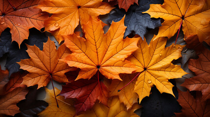 Naklejka na ściany i meble Maple leaf desktop wallpaper in autumn. The leaves have changed color due to the change of season.