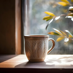 Obraz na płótnie Canvas A pottery mug from MorningSolace, offering morning solace, photographed with a prime lens at f 1.4 Generative AI