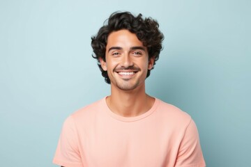 Fototapeta premium Portrait of a Fictional Handsome Casual White Man Isolated on a Plain Pastel Colored Background. Generative AI.