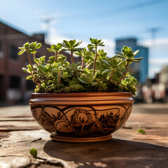 A pottery planter from UrbanNurturing, nurturing city greens, photographed with a wide-angle lens at f 3.5 Generative AI