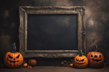 Blank frame for text with small pumpkins in front of black wall. Halloween holiday, autumn concept.