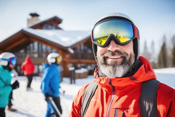 Happy middle aged skier with sunglasses and ski equipment in ski resort on Bukovel, winter holiday concept.