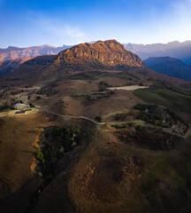 Aerial view of Cathedral Peak in Drakensberg mountains, at the Lesotho border in KwaZulu-Natal province, South Africa