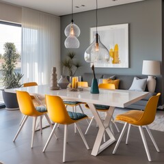 stylish colorful dining room playful cosy comfort home interior background contemporary dining area with colorful loose furniture decorating house beautiful ideas concept
