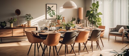 Fototapeta premium cosy comfort dining room in contemporary natural color scheme concept design house beautiful design mockup template showcase room interior background ideas