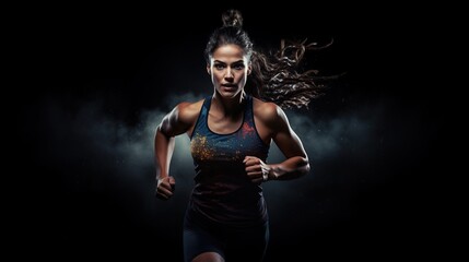 Fototapeta na wymiar female person running on black background, woman sprinter concept studio shot, generative AI