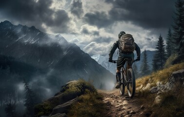 Fototapeta premium man on bike at nature, extreme bicycle sport at mountain and forest, generative AI