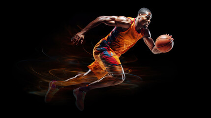 professional basket ball player with ball on black background, dynamic motion concept, generative AI