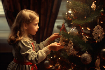 Christmas and New Year holidays concept. Child decorating Christmas tree with toys and garland and enjoy magical moment of Christmas eve and holidays. Generative AI