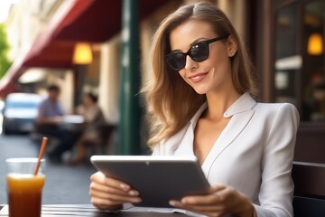 woman with tablet computer on street cafe
