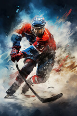 illustration of dynamic motion of ice hockey player with stick, creative poster concept, generative AI