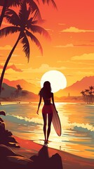 illustration of female surfer with surfboard at sunset, woman with surf board at beach, generative AI