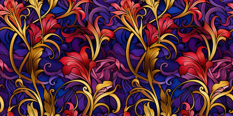 Seamless art nouveau purple, blue and gold pattern. Mosaic for wallpaper in contemporary vintage style with bright and striking colors for the background. Tile ornament fabric backdrop.