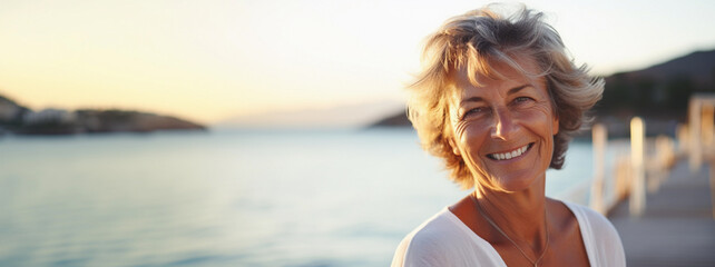 Lifestyle portrait of happy mature woman on holiday standing on pier at sunset enjoying scenic lake view