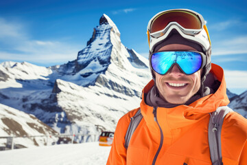 Fototapeta na wymiar Happy young skier with sunglasses and ski equipment in ski resort on Matterhorn, winter holiday concept.