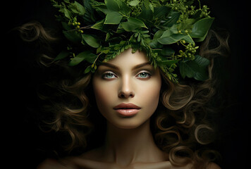 Beautiful woman with a green wreath on her head organic concept