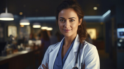Young female doctor standing with arms crossed. Generative AI