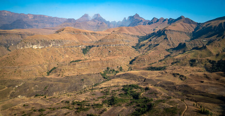 Aerial view of Cathedral Peak in Drakensberg mountains, at the Lesotho border in KwaZulu-Natal province, South Africa