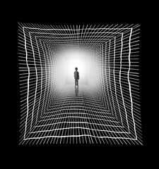 New possibilities, hope - little girl standing in dark, symbol of light at the end of the tunnel
