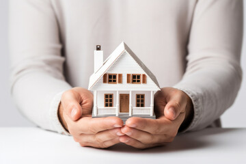 Male Hands Holding a Small Wooden House Model for Home Insurance