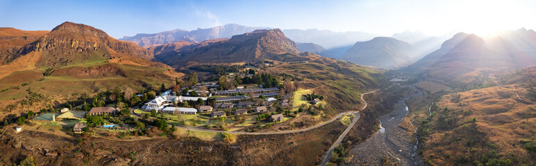 Fototapeta na wymiar Aerial view of Cathedral Peak in Drakensberg mountains, at the Lesotho border in KwaZulu-Natal province, South Africa