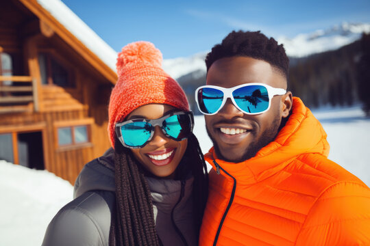 Happy young black couple with sunglasses and ski equipment in ski resort Bukovel, winter holiday concept.