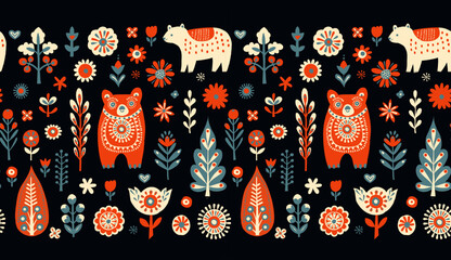 Simple minimalist Scandinavian seamless pattern with bears, christmas forest, flowers © svsunny