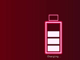 Battery charge level with charging text on red background. Smartphone battery life increasing