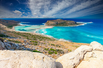 Pocztówka z podróży, krajobraz morski na Balos, urlop i zwiedzanie greckiej wyspy Kreta, Grecja