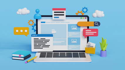 3D illustration of website and app design and development. Creative 3d design for web banner, marketing material, business presentation, online advertising