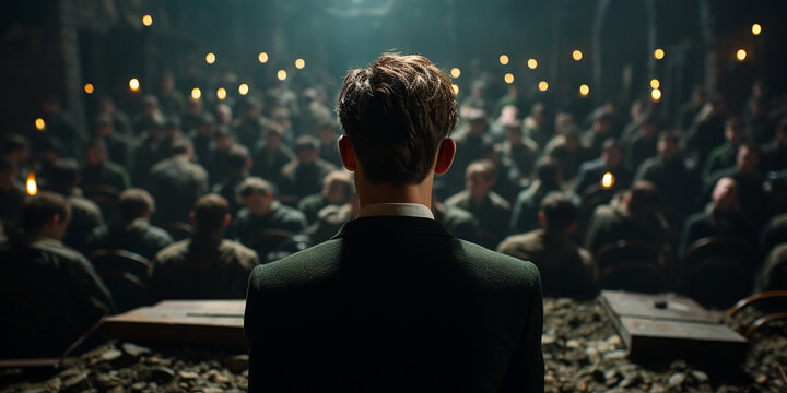 Versammlung und geheimes Treffen von jugendlichen zum Vortrag im dunklen Raum im Querformat als Banner, ai generativ