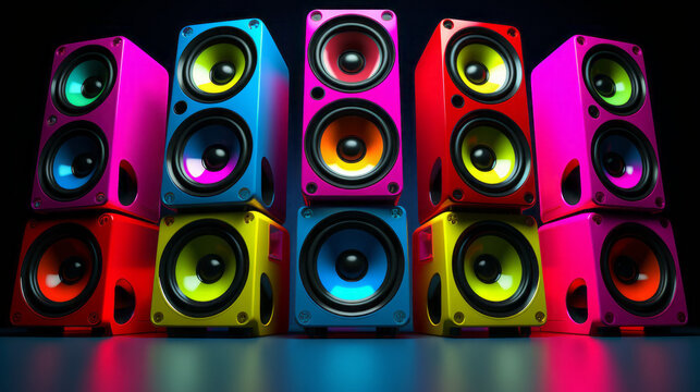 Elevate your creative project with this image of stunningly vibrant speakers, each with its unique color scheme. Perfectly curated by Generative AI.