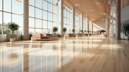  A beautiful modern spacious office hall with panoramic windows and a perspective in pleasant natural beige and brown tones.