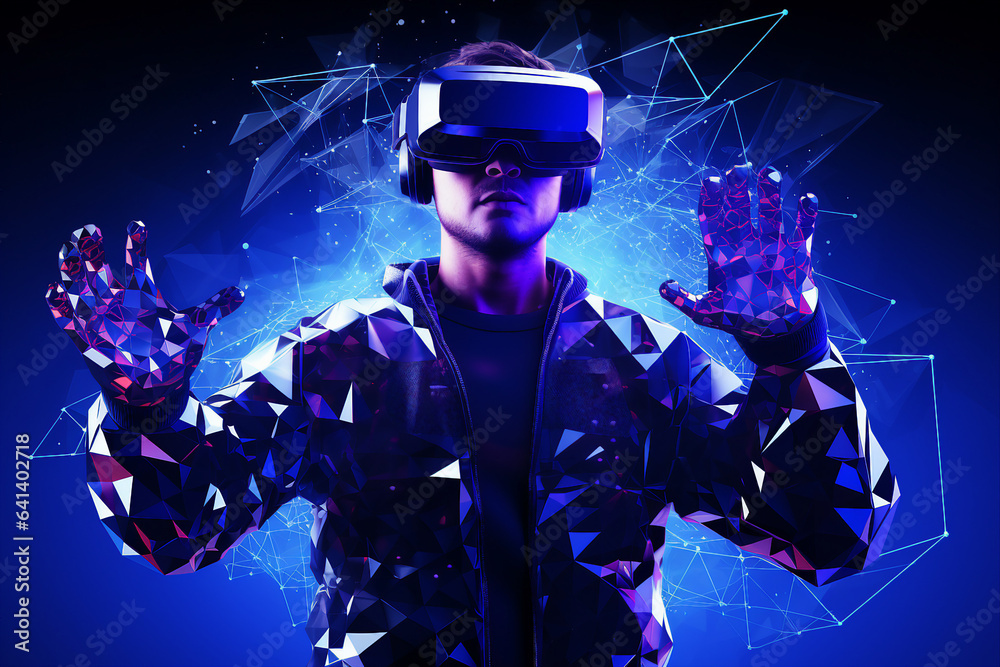 Poster generative ai collage photo of gamer using device gadget for virtual reality simulation