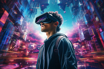 Generative ai collage photo of person using gadget for virtual reality