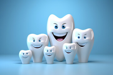 Generative AI bright picture of white cute funny smiling tooth characters with faces isolated on blue turquoise color background