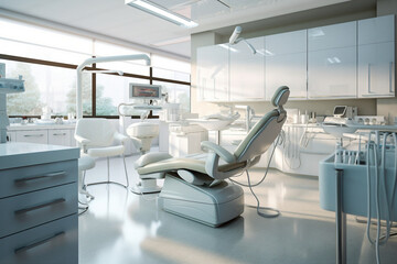 Generative AI picture of equipped dental clinic with a modern seat and tools dentist specialist concept