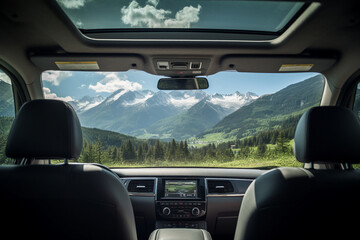 Generative AI picture of a mountain view from the interior of an electric vehicle passenger seat