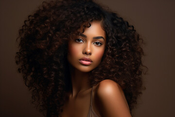 Generative AI portrait picture of young attractive multinational female with volume afro curls