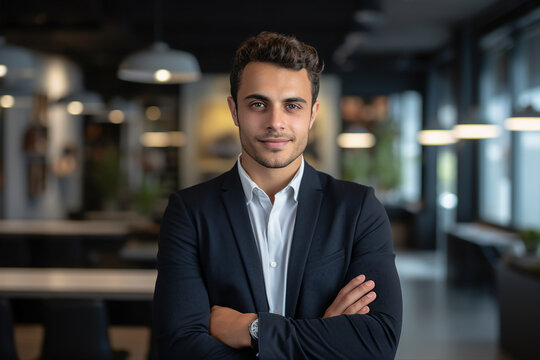 Generative AI photo portrait of handsome intelligent man with folded arms looking camera in modern classroom office