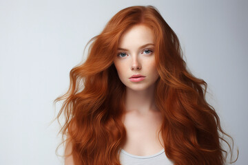 Fototapeta premium Generative AI portrait of fashion model red hair girl advertising hair coloring salon