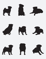 Set of Pug Dogs Silhouette, Pet, Dog Breed